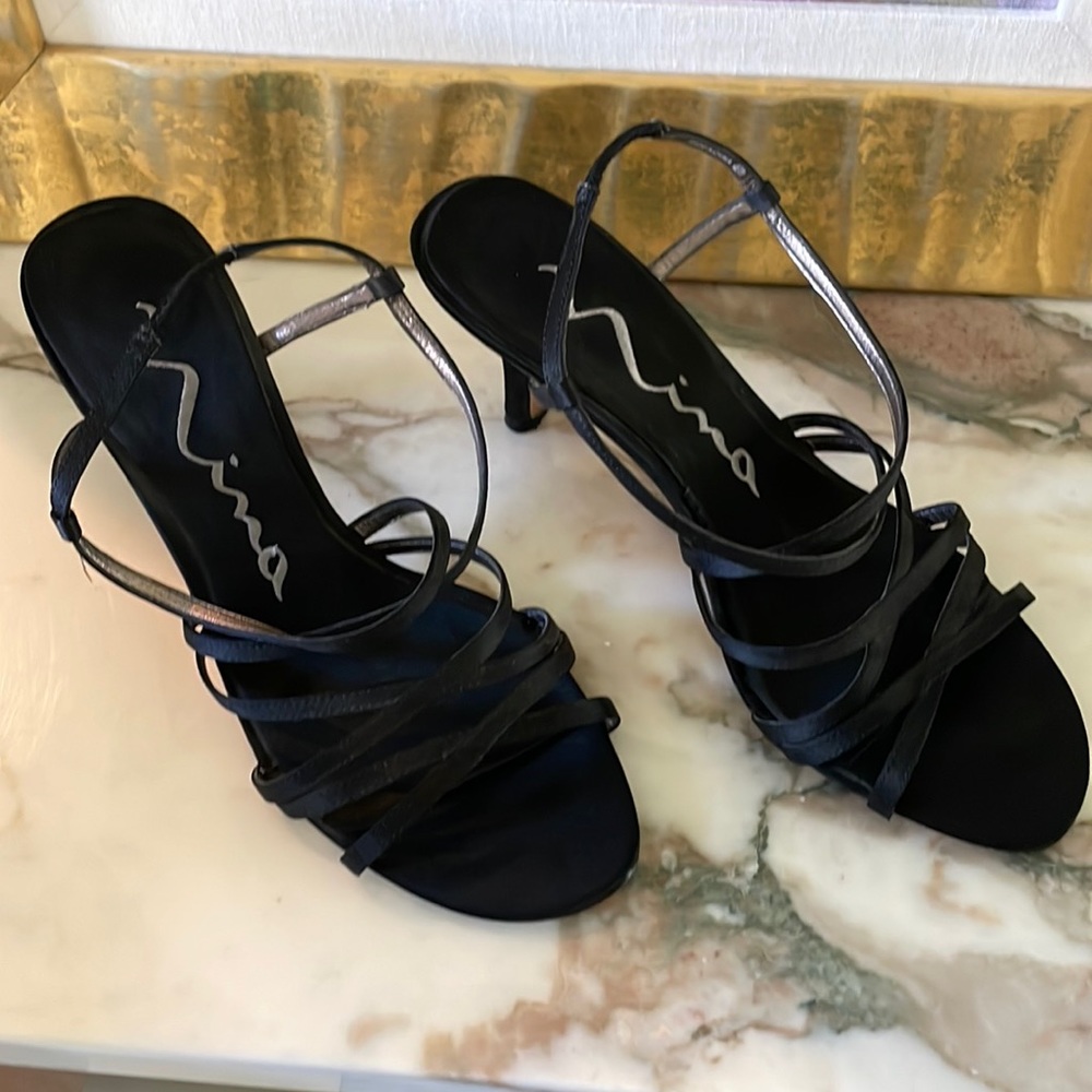 Nina black straps cocktail shoes. Black satin. Looks great with a pedicure!!!